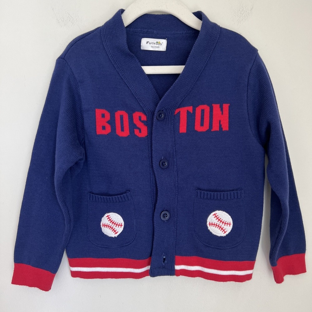 Boys Size 4T Boston Baseball Lover Preppy Knit Cardigan Sweater Organic - Picture 1 of 6